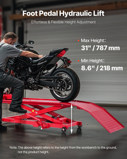 Motorcycle Lift Table, 1000lbs Weight Capacity, 360° Flexible Moving Motorcycle Jack Stand, 8.6-31 in Height Range, Heavy Duty Bike Repair Stand with Security Lock for ATVs, Dirt Bike