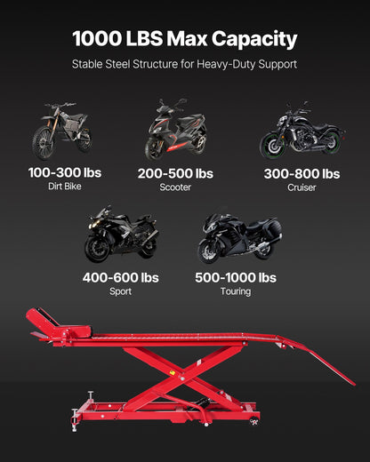 Motorcycle Lift Table, 1000lbs Weight Capacity, 360° Flexible Moving Motorcycle Jack Stand, 8.6-31 in Height Range, Heavy Duty Bike Repair Stand with Security Lock for ATVs, Dirt Bike