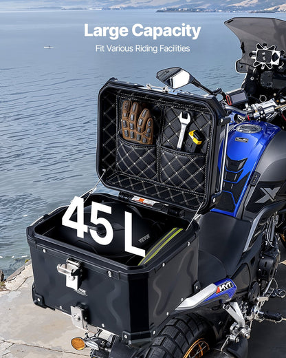 Motorcycle Top Case, Universal Aluminum Alloy Motorbike Tail Box with Leather Lining, 45L Waterproof Detachable Motorcycle Top Box with Lock & Back Cushion, Fit for 99% of Motorcycle Frames