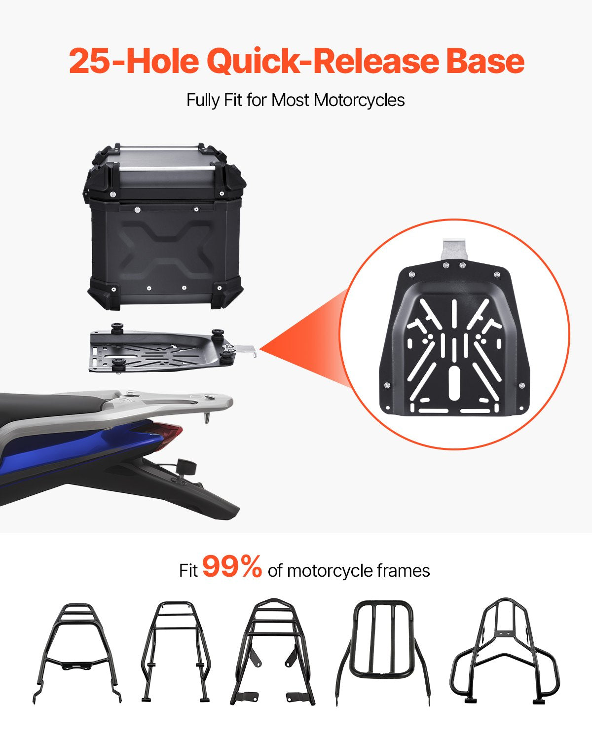 Motorcycle Top Case, Universal Aluminum Alloy Motorbike Tail Box with Leather Lining, 45L Waterproof Detachable Motorcycle Top Box with Lock & Back Cushion, Fit for 99% of Motorcycle Frames