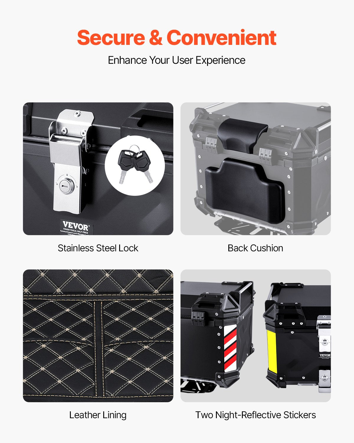 Motorcycle Top Case, Universal Aluminum Alloy Motorbike Tail Box with Leather Lining, 45L Waterproof Detachable Motorcycle Top Box with Lock & Back Cushion, Fit for 99% of Motorcycle Frames