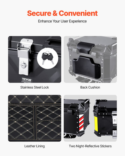 Motorcycle Top Case, Universal Aluminum Alloy Motorbike Tail Box with Leather Lining, 45L Waterproof Detachable Motorcycle Top Box with Lock & Back Cushion, Fit for 99% of Motorcycle Frames