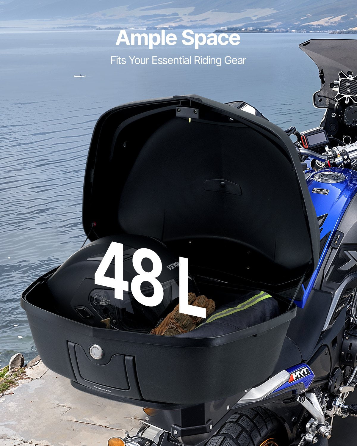 Motorcycle Top Case, Universal Durable PP Material Motorbike Tail Box with Reflective Panel, 48L Waterproof Detachable Motorcycle Top Box with Multi-Hole Base, Fit for 99% of Motorcycle Frames