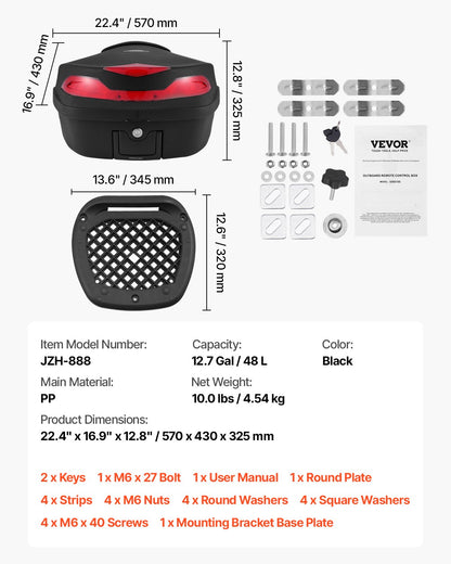 Motorcycle Top Case, Universal Durable PP Material Motorbike Tail Box with Reflective Panel, 48L Waterproof Detachable Motorcycle Top Box with Multi-Hole Base, Fit for 99% of Motorcycle Frames