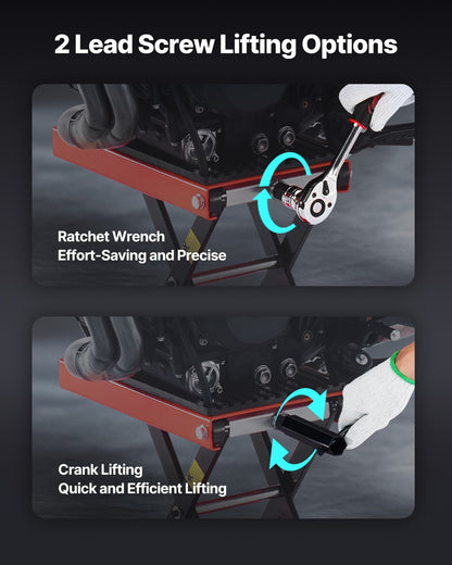 Motorcykellyft, 1200 kg viktkapacitet, bred saxdomkraft för motorcykel, höjdområde 4,1-15 tum, kraftigt stålställ för motorcykelreparationer med spärrhake och vev för ATV, crossmotorcyklar