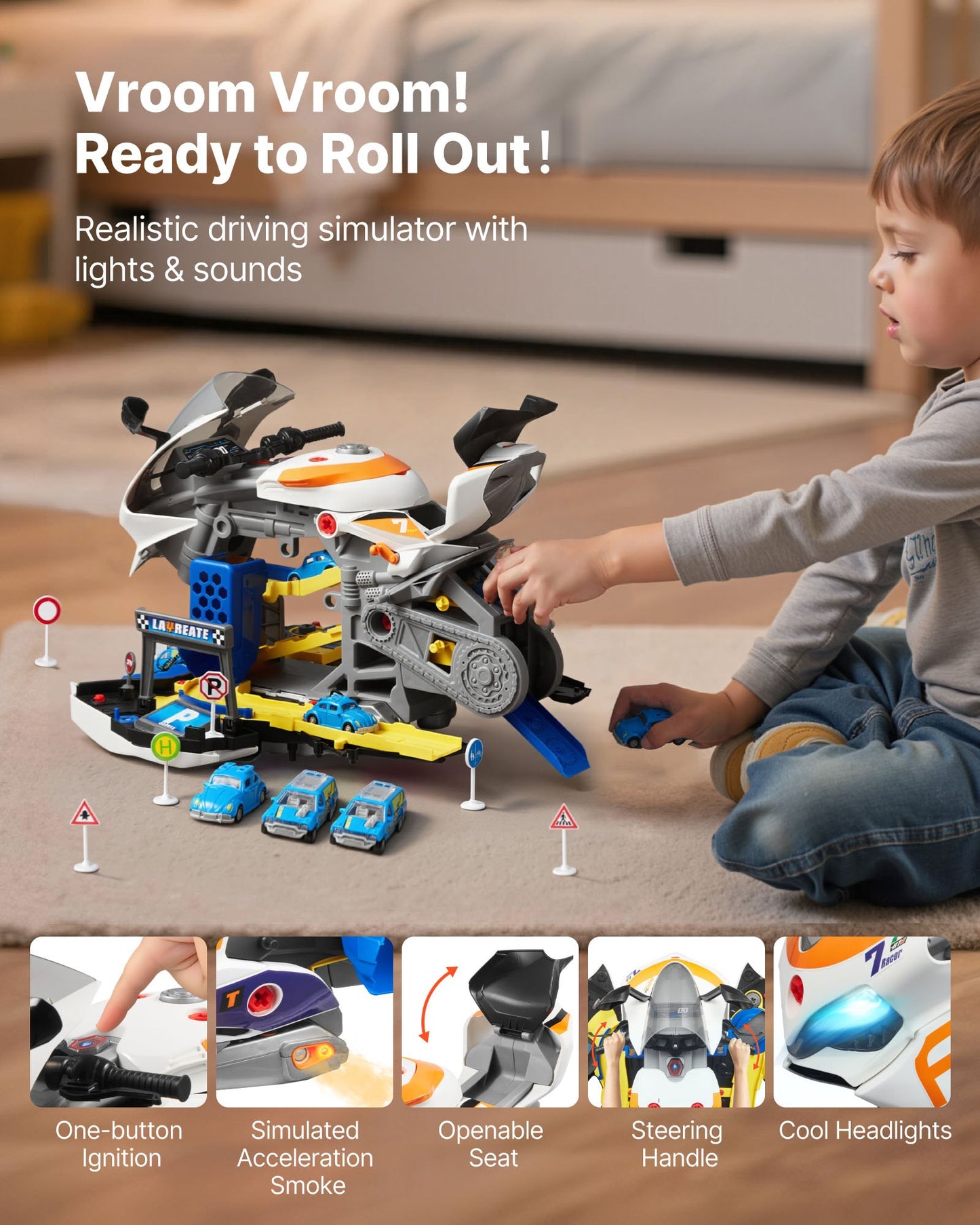 Motorcycle Engine Toy, 25 Pieces, Motorcycle Mechanic Toy with Removable Parts, Lights & Sounds, Simulated Riding & Track Racing, Kids Mechanic Workshop Set for Toddler 3 Years and Up, Yellow