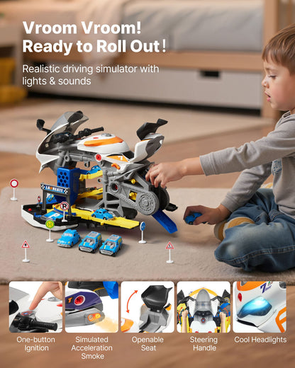 Motorcycle Engine Toy, 25 Pieces, Motorcycle Mechanic Toy with Removable Parts, Lights & Sounds, Simulated Riding & Track Racing, Kids Mechanic Workshop Set for Toddler 3 Years and Up, Yellow