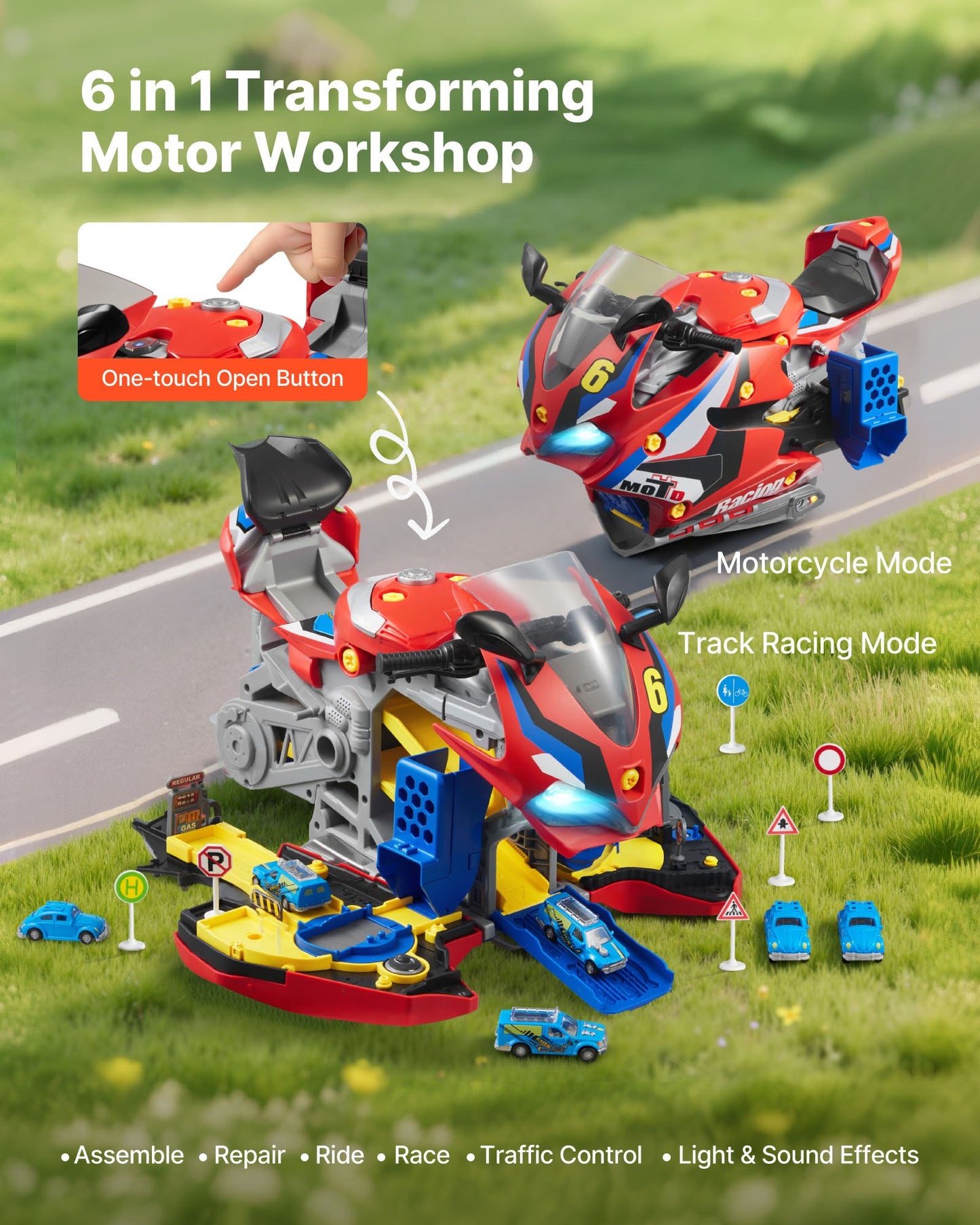 Motorcycle Engine Toy, 25 Pieces, Motorcycle Mechanic Toy with Removable Parts, Lights & Sounds, Simulated Riding & Track Racing, Kids Mechanic Workshop Set for Toddler 3 Years and Up, Red