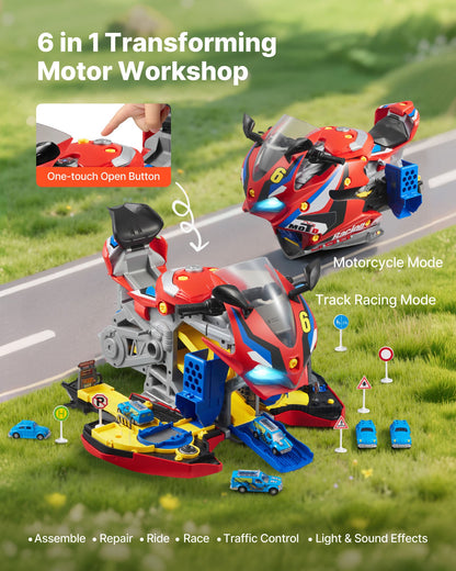 Motorcycle Engine Toy, 25 Pieces, Motorcycle Mechanic Toy with Removable Parts, Lights & Sounds, Simulated Riding & Track Racing, Kids Mechanic Workshop Set for Toddler 3 Years and Up, Red