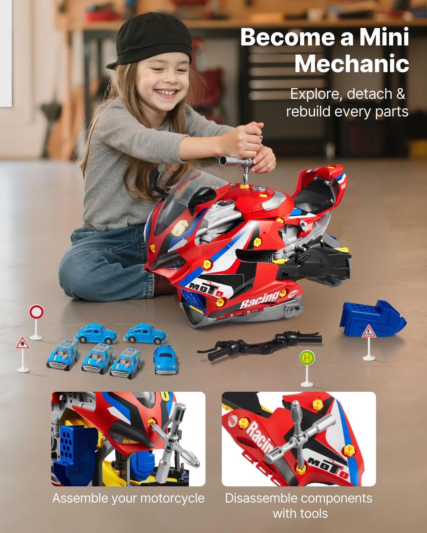 Motorcycle Engine Toy, 25 Pieces, Motorcycle Mechanic Toy with Removable Parts, Lights & Sounds, Simulated Riding & Track Racing, Kids Mechanic Workshop Set for Toddler 3 Years and Up, Red