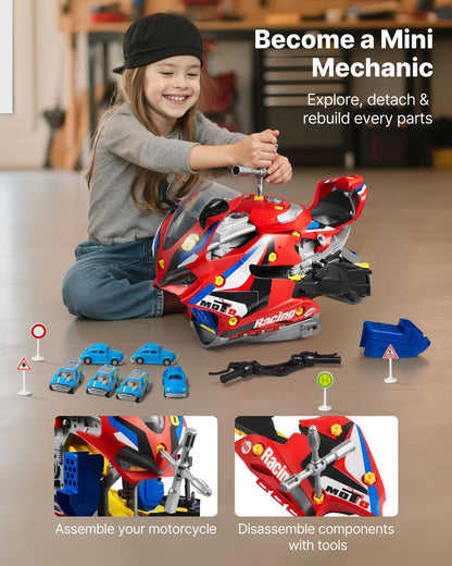 Motorcycle Engine Toy, 25 Pieces, Motorcycle Mechanic Toy with Removable Parts, Lights & Sounds, Simulated Riding & Track Racing, Kids Mechanic Workshop Set for Toddler 3 Years and Up, Red