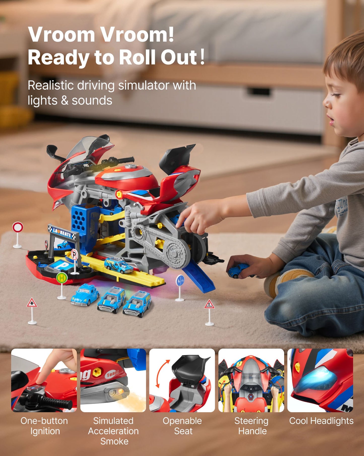 Motorcycle Engine Toy, 25 Pieces, Motorcycle Mechanic Toy with Removable Parts, Lights & Sounds, Simulated Riding & Track Racing, Kids Mechanic Workshop Set for Toddler 3 Years and Up, Red