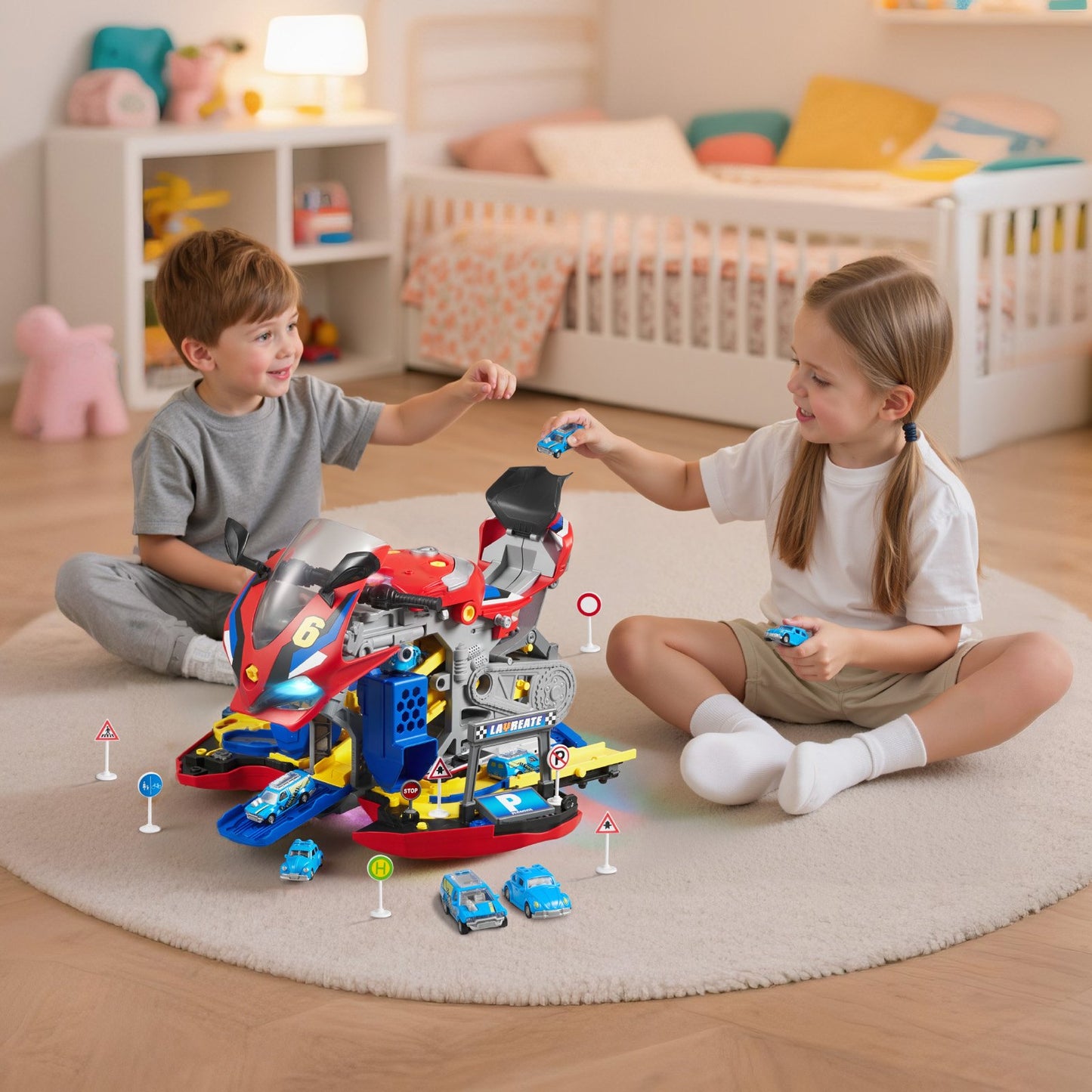 Motorcycle Engine Toy, 25 Pieces, Motorcycle Mechanic Toy with Removable Parts, Lights & Sounds, Simulated Riding & Track Racing, Kids Mechanic Workshop Set for Toddler 3 Years and Up, Red