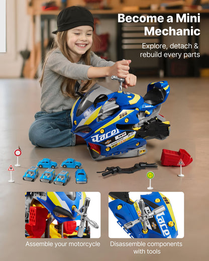 Motorcycle Engine Toy, 25 Pieces, Motorcycle Mechanic Toy with Removable Parts, Lights & Sounds, Simulated Riding & Track Racing, Kids Mechanic Workshop Set for Toddler 3 Years and Up, Blue