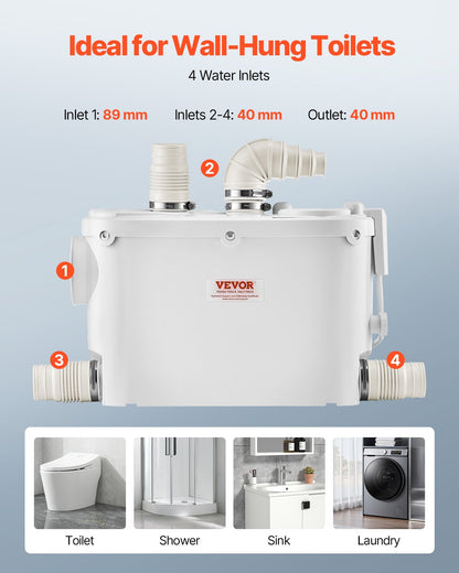 Macerator Pump, 500W, 6600 L/h Flow, 26.2 ft/8 m Head, Macerator Sewerage Sump Pump with 3 Water Inlets for Toilet, Basement, Kitchen, Sink, Shower, Bathtub Waste Water Disposal Upflush Machine