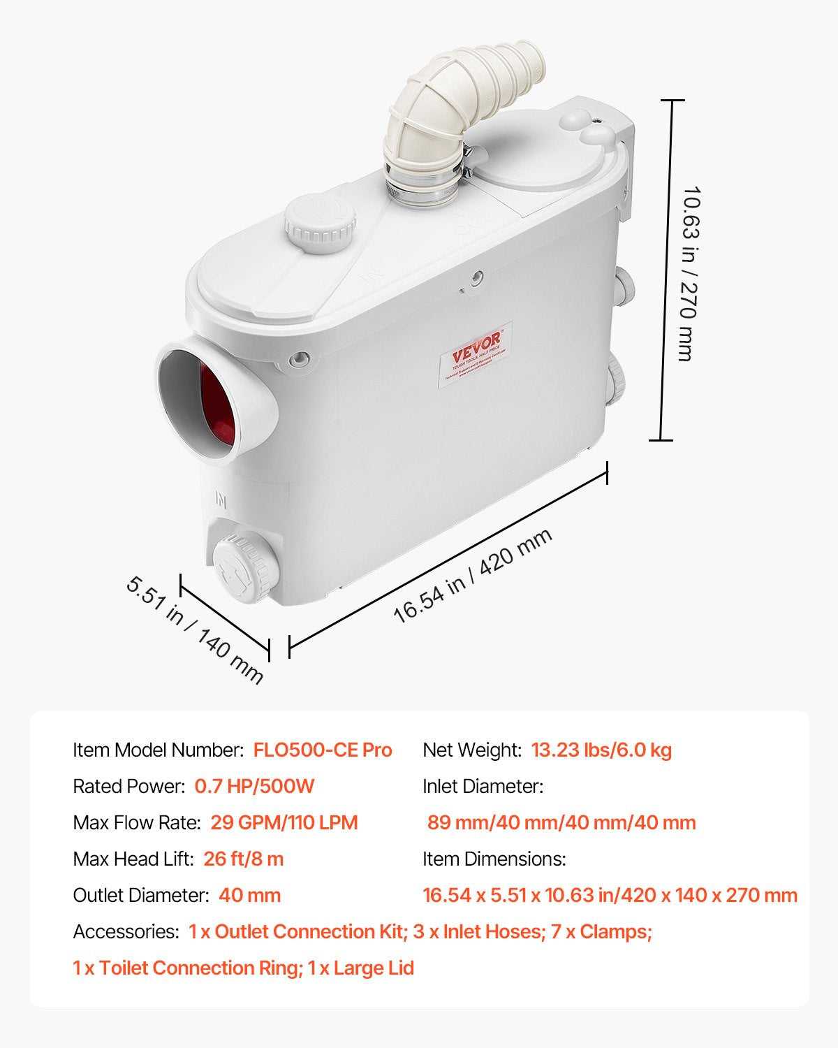 Macerator Pump, 500W, 6600 L/h Flow, 26.2 ft/8 m Head, Macerator Sewerage Sump Pump with 3 Water Inlets for Toilet, Basement, Kitchen, Sink, Shower, Bathtub Waste Water Disposal Upflush Machine