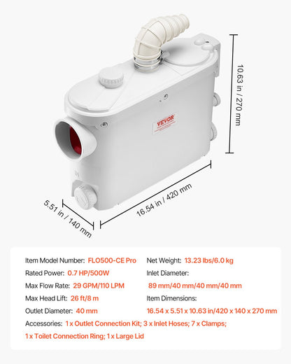 Macerator Pump, 500W, 6600 L/h Flow, 26.2 ft/8 m Head, Macerator Sewerage Sump Pump with 3 Water Inlets for Toilet, Basement, Kitchen, Sink, Shower, Bathtub Waste Water Disposal Upflush Machine