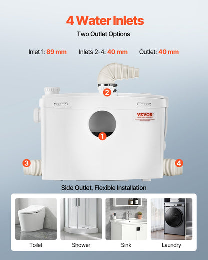 Macerator Pump, 1200W, 180 L/min(48 GPM) Flow, 33 ft/10 m Head, Macerator Sewerage Toilet Pump with 4 Water Inlets, Waste Water Disposal Upflush Machine for Toilet, Basement, Shower, Sink, Laundry, Bathtub