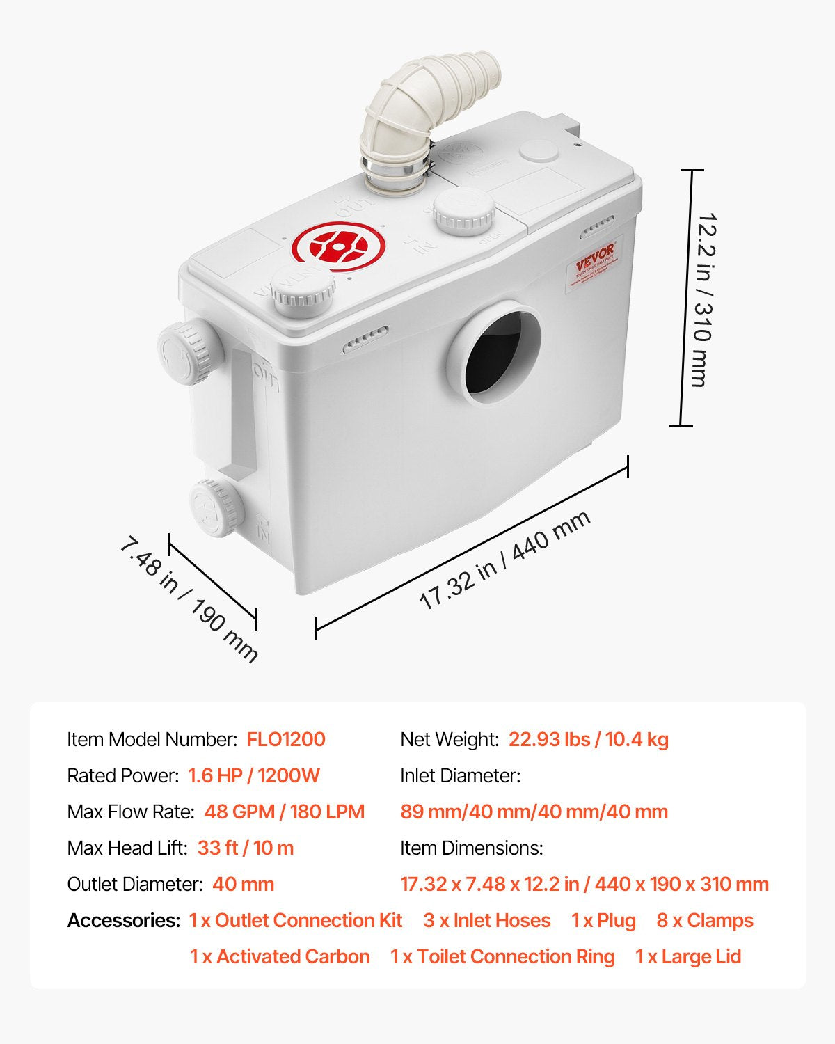 Macerator Pump, 1200W, 180 L/min(48 GPM) Flow, 33 ft/10 m Head, Macerator Sewerage Toilet Pump with 4 Water Inlets, Waste Water Disposal Upflush Machine for Toilet, Basement, Shower, Sink, Laundry, Bathtub