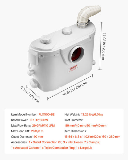 Macerator Pump, 500W, 110 L/min(29 GPM) Flow, 26 ft/8 m Head, Macerator Sewerage Toilet Pump with 4 Water Inlets, Waste Water Disposal Upflush Machine for Toilet, Basement, Shower, Sink, Laundry, Bathtub