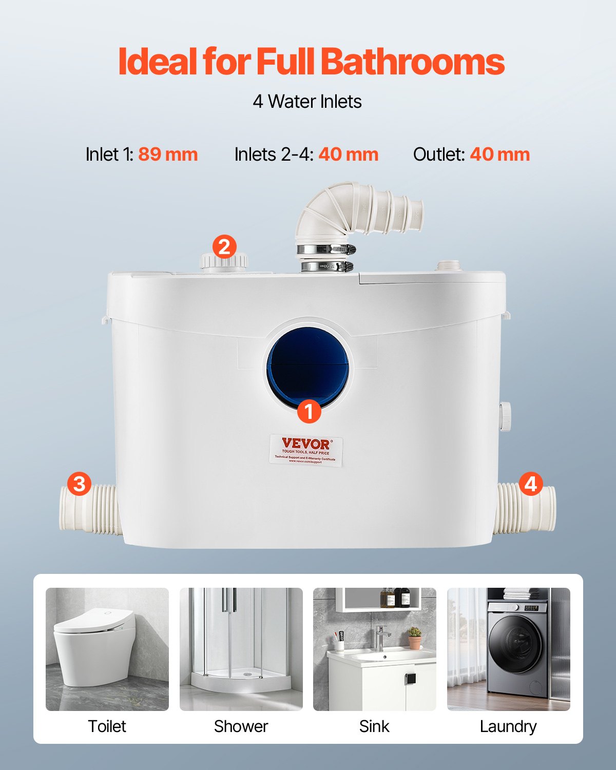 Macerator Pump, 900W, 180 L/min(48 GPM) Flow, 40 ft/12 m Head, Macerator Sewerage Toilet Pump with 4 Water Inlets, Waste Water Disposal Upflush Machine for Toilet, Basement, Shower, Sink, Laundry, Bathtub
