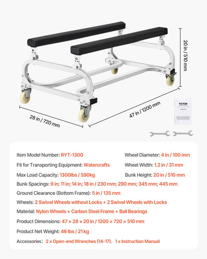 Watercraft PWC Dolly, 1300 lbs Load Capacity, Jet Ski Stand PWC Cart for Moving Watercraft, Adjustable Bunks with 4 Casters & 2 Brakes, Heavy-Duty Jet Ski Cart for Kayaks, Jet Skis, Speedboats