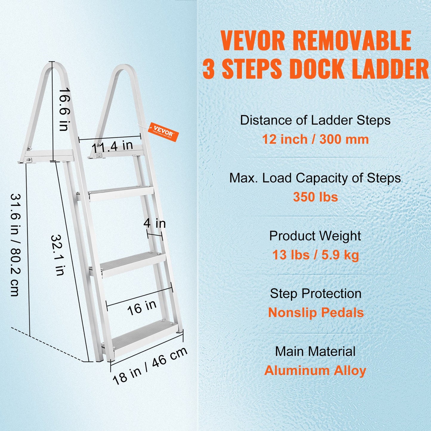 Dock Ladder, Removable 3 Steps, 350 lbs Load Capacity, Aluminum Alloy Pontoon Boat Ladder with 4'' Wide Step & Anti-Slip Design Pedal, Easy to Install for Ship/Lake/Pool/Marine Boarding