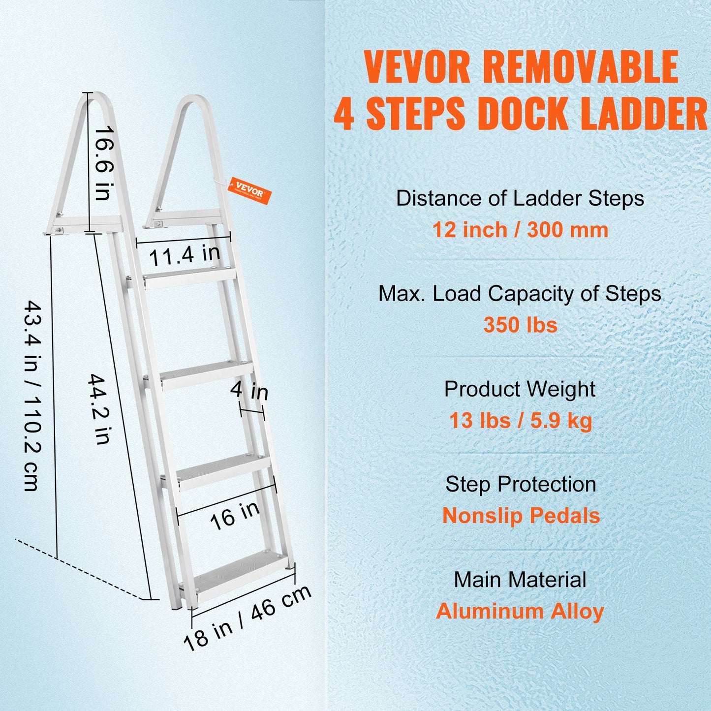 Dock Ladder, Removable 4 Steps, 350 lbs Load Capacity, Aluminum Alloy Pontoon Boat Ladder with 4'' Wide Step & Anti-Slip Design Pedal, Easy to Install for Ship/Lake/Pool/Marine Boarding