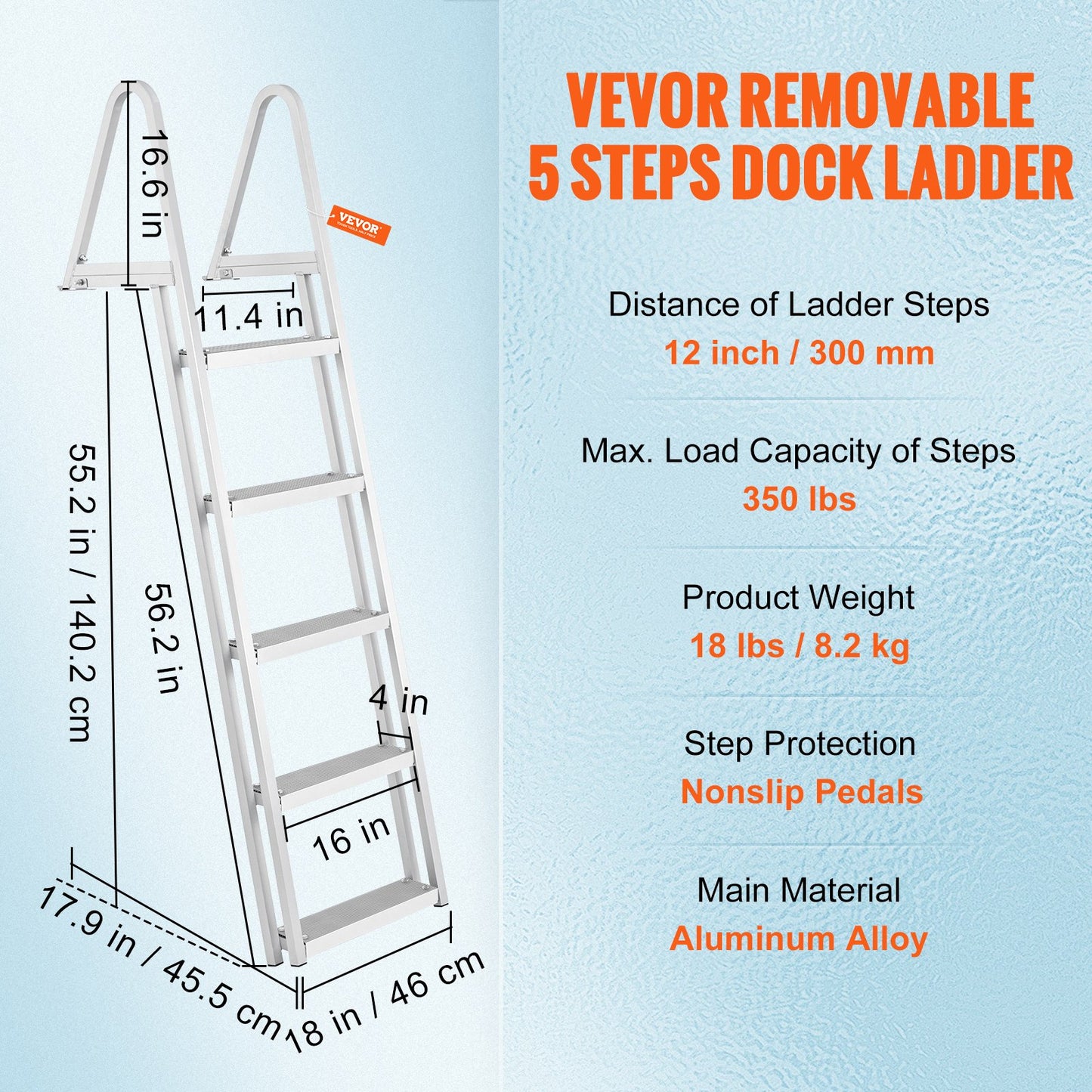 Removable Dock Ladder 5 Steps, 350 lbs Load Capacity, Pontoon Boat Ladder with 4'' Wide Step & Nonslip Design for Ship/Lake/Pool/Marine Boarding