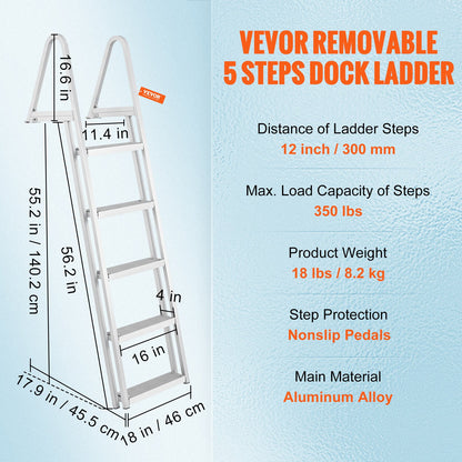 Removable Dock Ladder 5 Steps, 350 lbs Load Capacity, Pontoon Boat Ladder with 4'' Wide Step & Nonslip Design for Ship/Lake/Pool/Marine Boarding