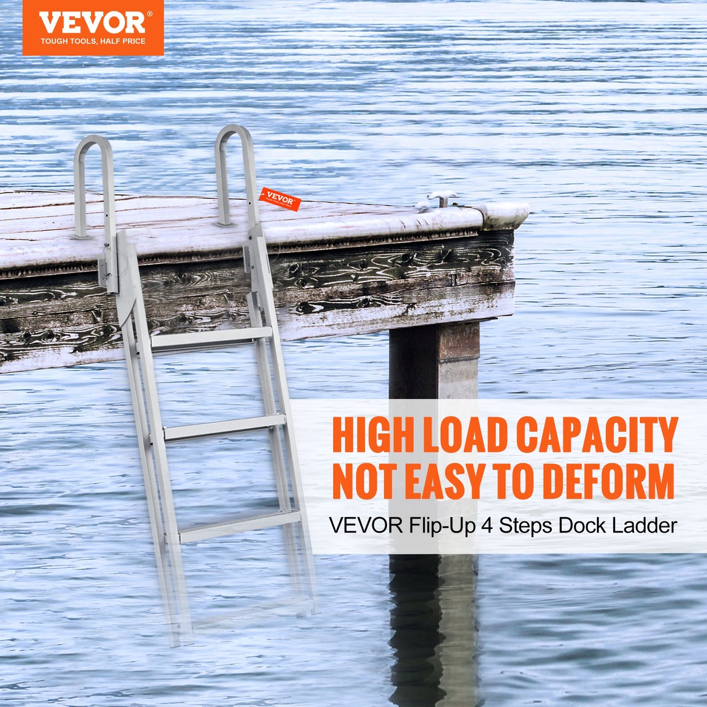 Dock Ladder Flip Up 4 Steps, 159 kg Load Capacity, Aluminum Pontoon Boat Ladder with 4" Wide Step & Anti-Slip Design Pedal,Swimm Step Ladder for Ship/Lake/Pool/Marine Boarding