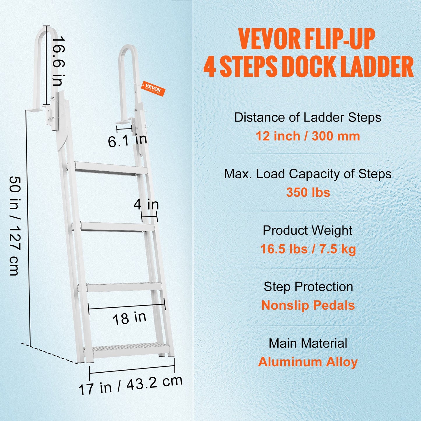 Dock Ladder Flip Up 4 Steps, 159 kg Load Capacity, Aluminum Pontoon Boat Ladder with 4" Wide Step & Anti-Slip Design Pedal,Swimm Step Ladder for Ship/Lake/Pool/Marine Boarding