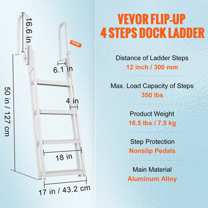 Dock Ladder Flip Up 4 Steps, 159 kg Load Capacity, Aluminum Pontoon Boat Ladder with 4" Wide Step & Anti-Slip Design Pedal,Swimm Step Ladder for Ship/Lake/Pool/Marine Boarding