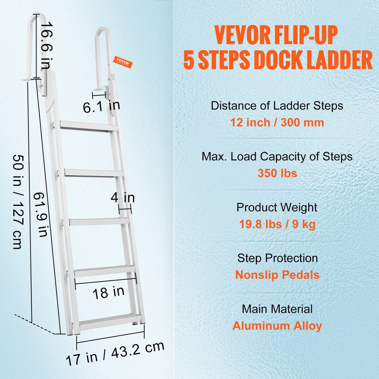 Dock Ladder Flip Up 5 Steps, 350lbs Load Capacity, Aluminum Pontoon Boat Ladder with 4" Wide Step & Anti-Slip Design Pedal,Swimm Step Ladder for Ship/Lake/Pool/Marine Boarding