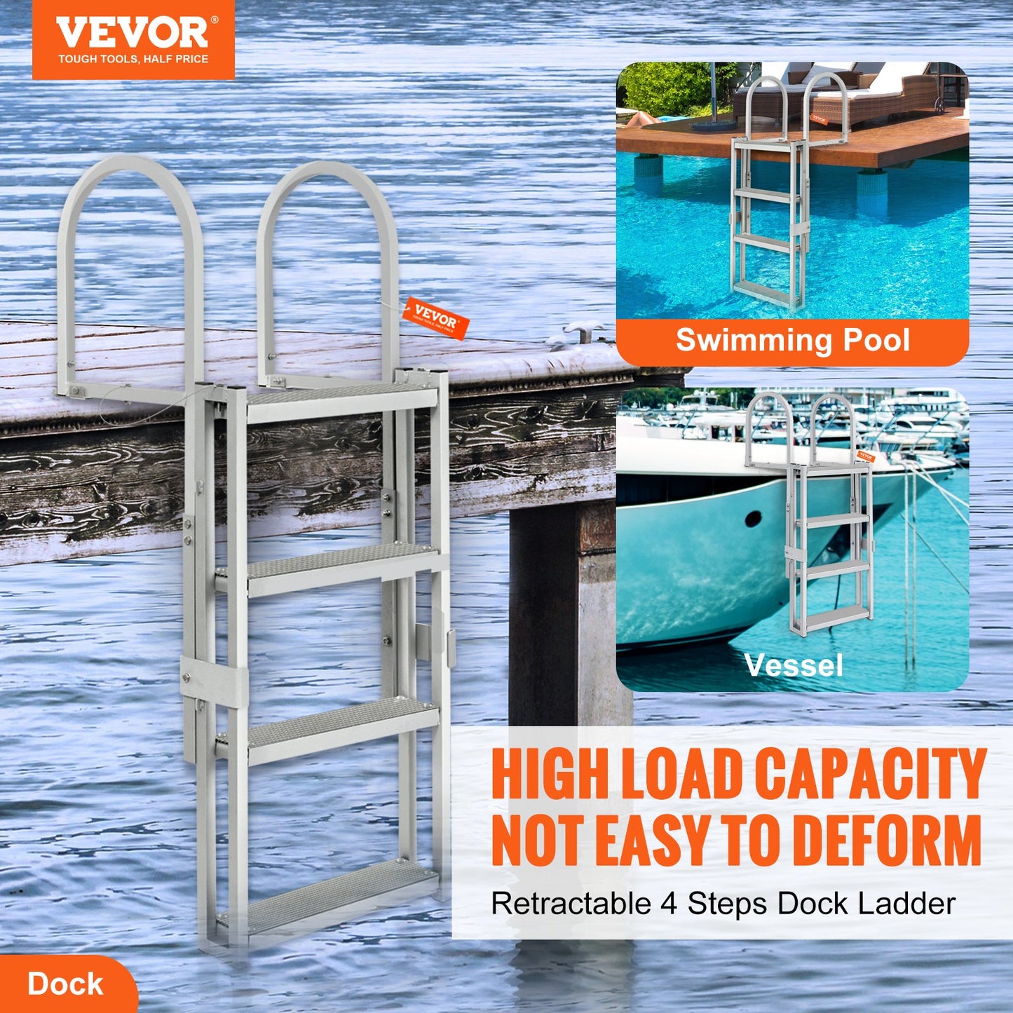 Dock Ladder, Retractable 4 Steps, 350 lbs Load Capacity, Aluminum Alloy Pontoon Boat Ladder with 55.1''-67.1'' Adjustable Height, 4'' Wide Step & Anti-Slip Design Pedal, for Ship/Lake/Pool/Marine Boarding