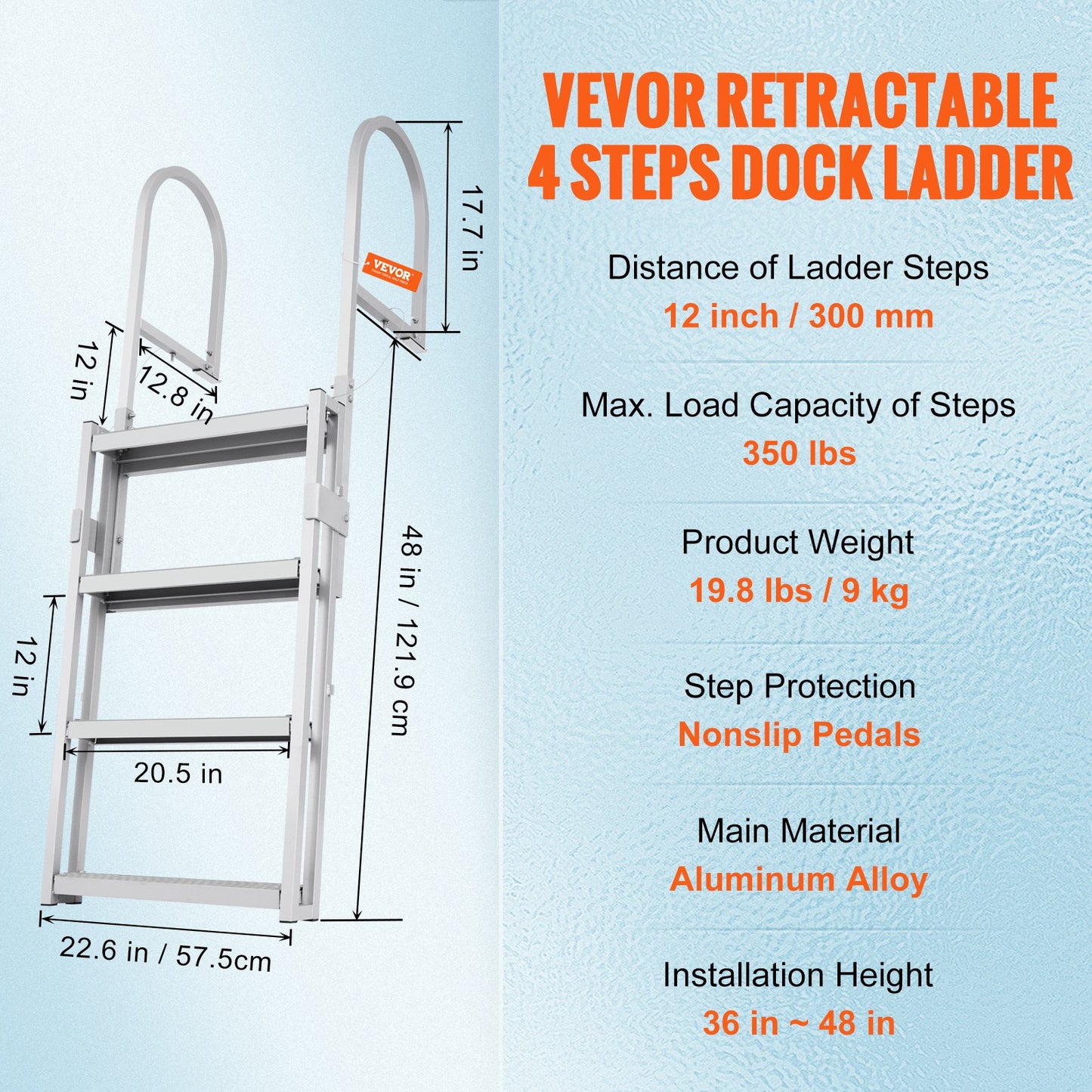 Dock Ladder, Retractable 4 Steps, 350 lbs Load Capacity, Aluminum Alloy Pontoon Boat Ladder with 55.1''-67.1'' Adjustable Height, 4'' Wide Step & Anti-Slip Design Pedal, for Ship/Lake/Pool/Marine Boarding