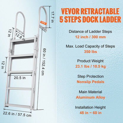 Dock Ladder, Retractable 5 Steps, 350 lbs Load Capacity, Aluminum Alloy Pontoon Boat Ladder with 66.9''-78.9'' Adjustable Height, 4'' Wide Step & Anti-Slip Design Pedal, for Ship/Lake/Pool/Marine Boarding