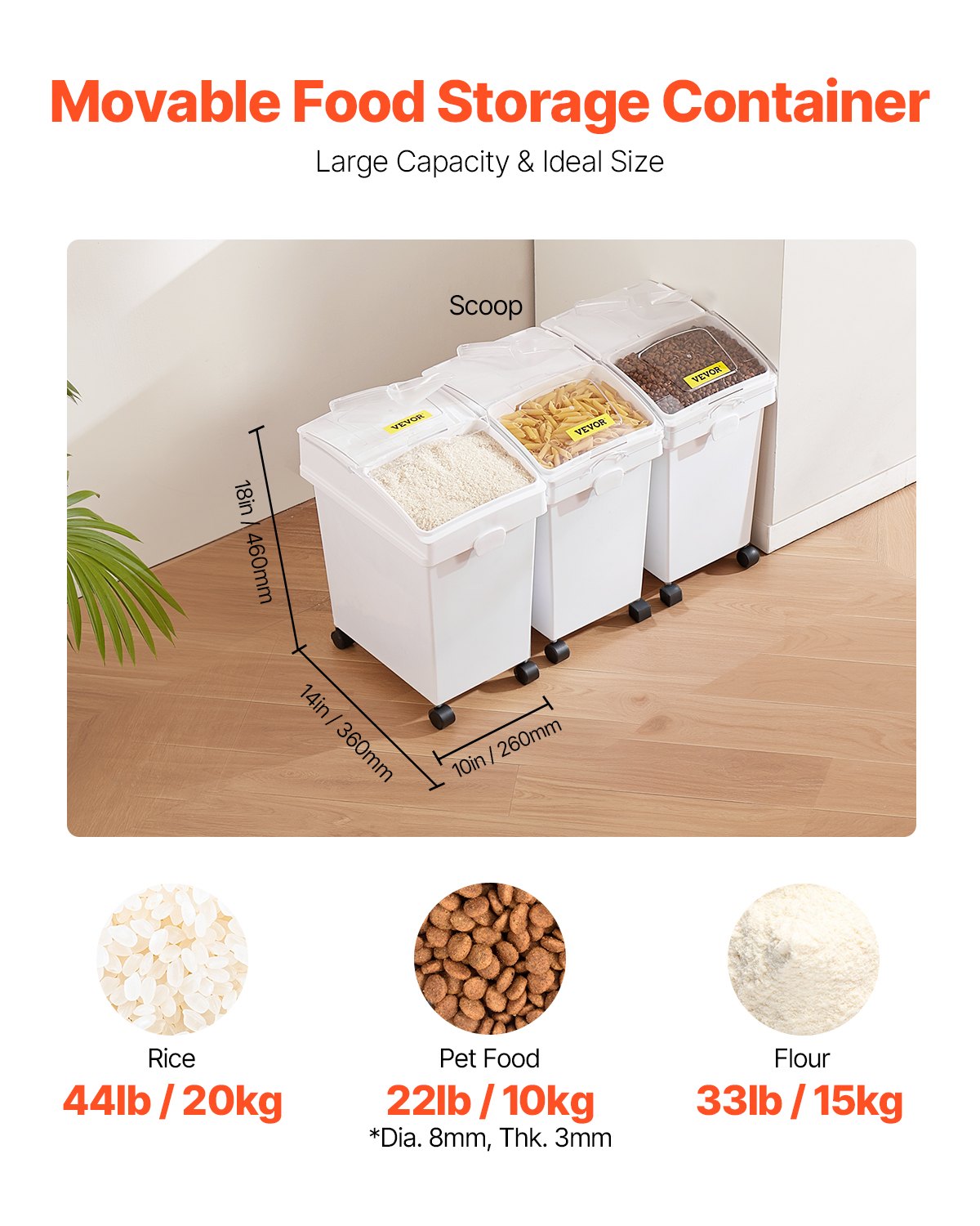 Ingredient Bin, 20.8 L Capacity Ingredient Storage Bin, PP Material Flour Bins On Wheels, White Shelf Ingredient Bin with Scoop and Sliding Lid, Commercial Storage Bins, 3 Pcs/Set