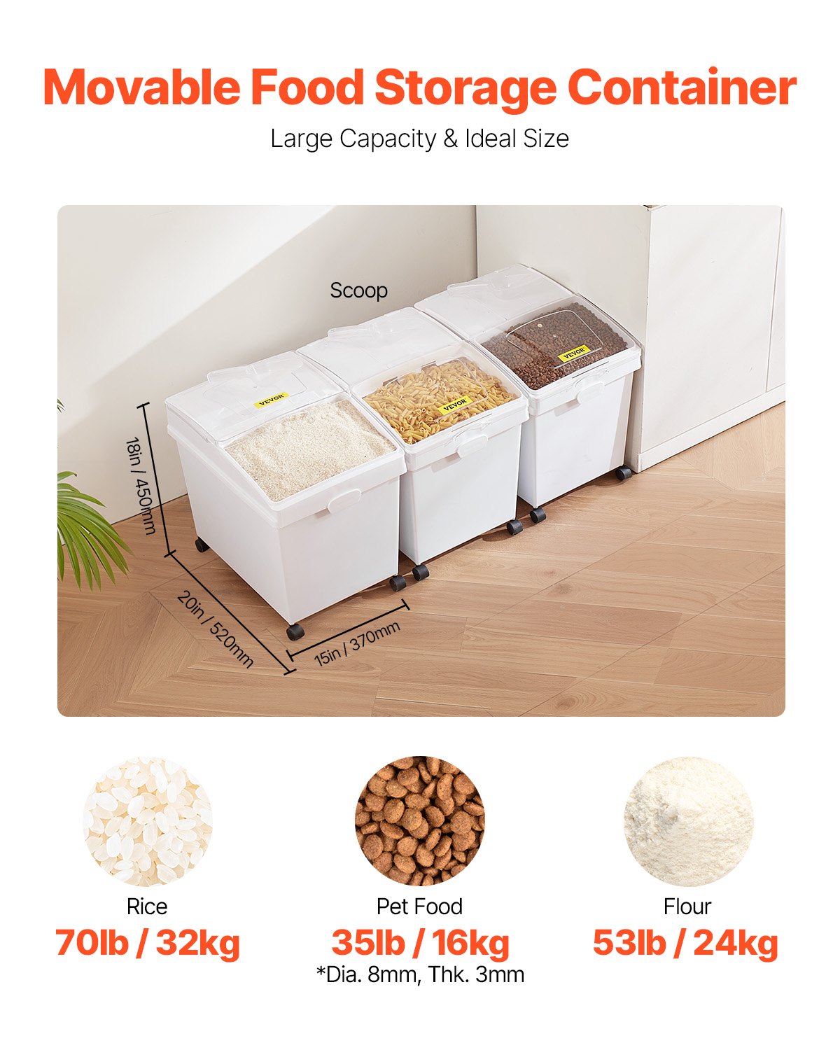 Ingredient Bin, 33.3 L Capacity Ingredient Storage Bin, PP Material Flour Bins On Wheels, White Shelf Ingredient Bin with Scoop and Sliding Lid, Commercial Storage Bins, 3 Pcs/Set