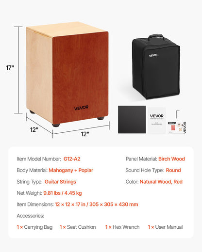 Cajon Box Drum, with Internal Guitar Strings, Lightweight Wooden Percussion Box, Portable Birch Wood Drum Musical Instrument with Travel Bag, for Beginners and Professionals, 305 x 305 x 430 mm
