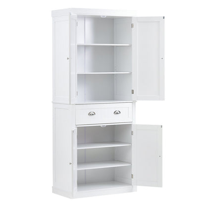 72" Kitchen Pantry Storage Cabinet, Freestanding Utility Cabinets with Doors, Drawer and 3 Adjustable Shelves, Tall Food Buffet Pantries for Kitchen, Living Room, Dinning Room, Laundry, White