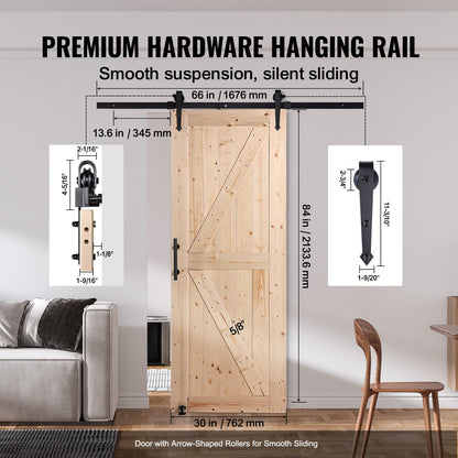 Barn Door and Hardware Kit, 30" x 84" Wood Sliding Barn Door, Smoothly and Quietly, Barn Door Kit with 8-in-1 Floor Guide and Door Handle, Spruce Wood Panelled Slab, Easy to Install