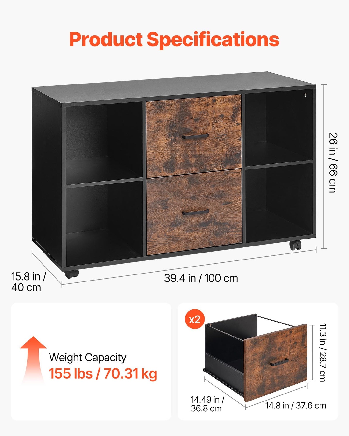 2 Drawer Wooden File Cabinet, Mobile Filing Cabinet with Open Shelves, Lateral Rolling File Storage with Lockable Wheels, Modern Free Standing Printer Stand for Home, Office, School, Black