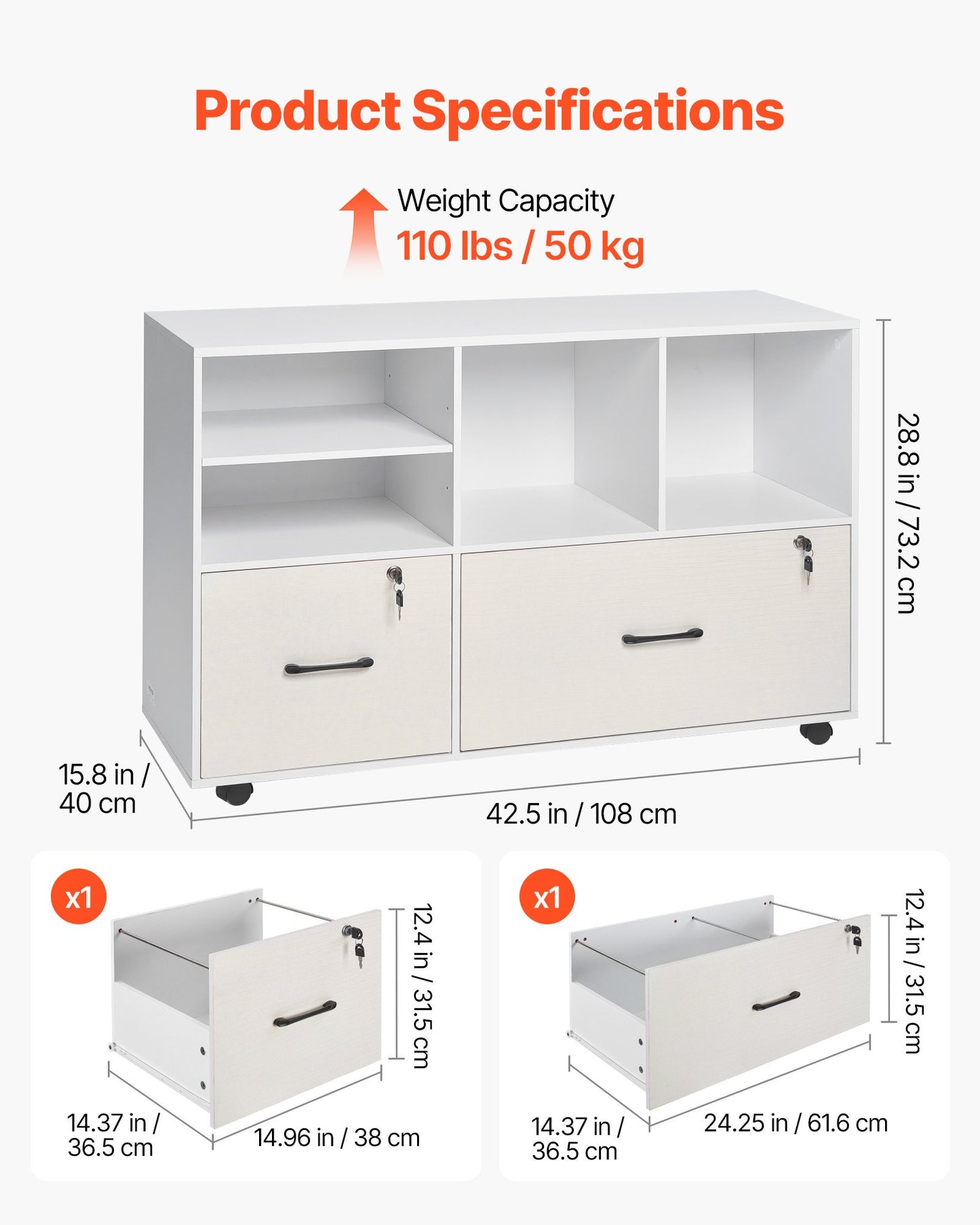 2 Drawer Wooden File Cabinet, Mobile Filing Cabinet with Open Shelves, Lockable Lateral Rolling File Storage with Adjustable Shelves, Free Standing Printer Stand for Home Office School, White