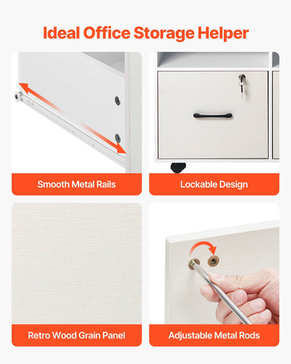 2 Drawer Wooden File Cabinet, Mobile Filing Cabinet with Open Shelves, Lockable Lateral Rolling File Storage with Adjustable Shelves, Free Standing Printer Stand for Home Office School, White