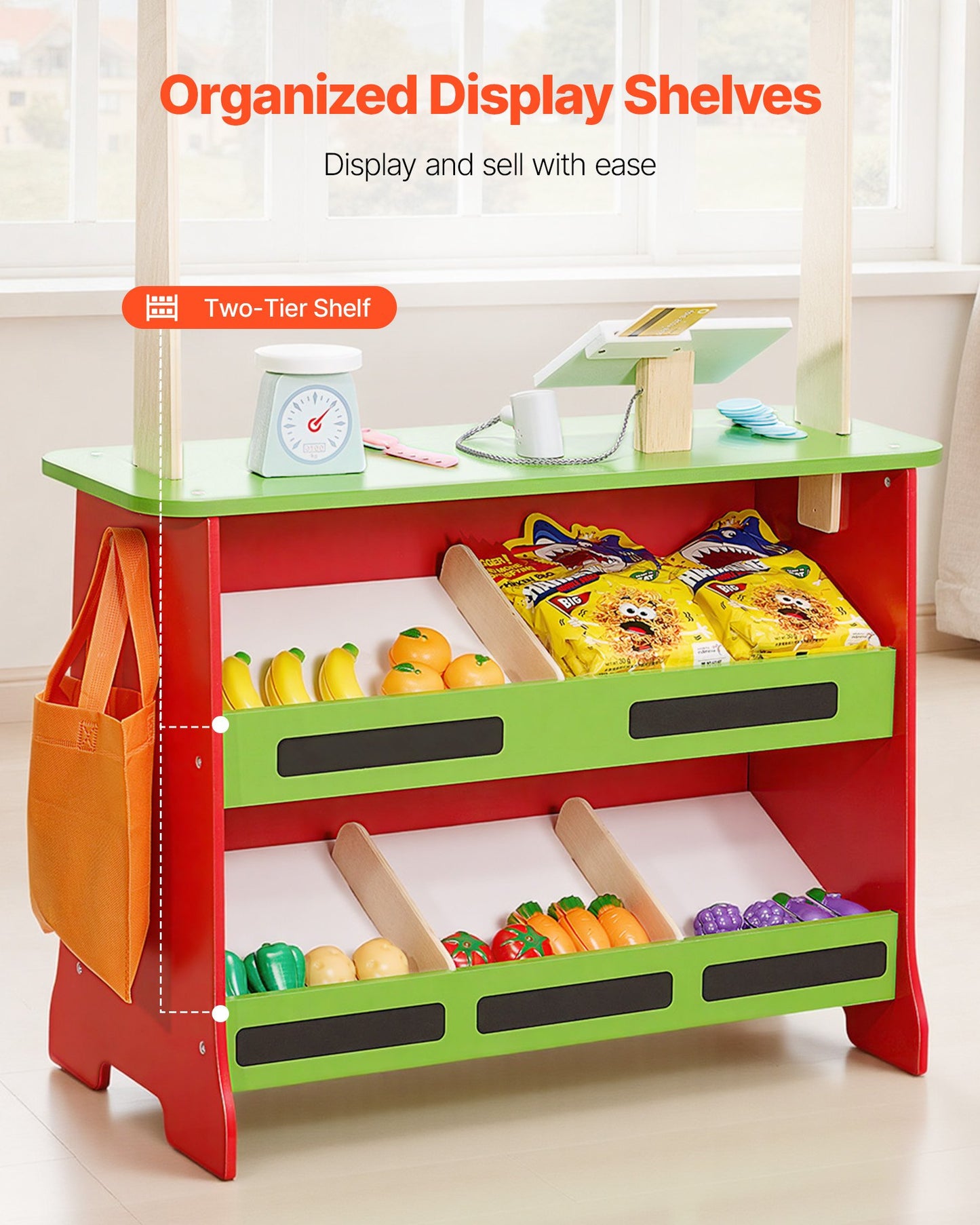 Wooden Puppet Theater with Curtains, 2-in-1 Reversible Play Store, Double-Sided Grocery Store Playset with Chalkboard & Cash Register, Kids Pretend Play Market Stand, Gift for Boys & Girls