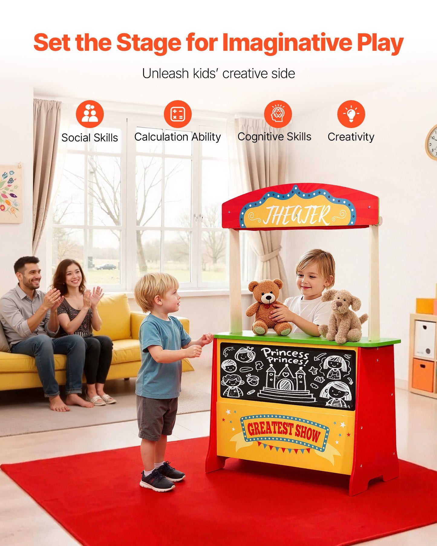 Wooden Puppet Theater with Curtains, 2-in-1 Reversible Play Store, Double-Sided Grocery Store Playset with Chalkboard & Cash Register, Kids Pretend Play Market Stand, Gift for Boys & Girls