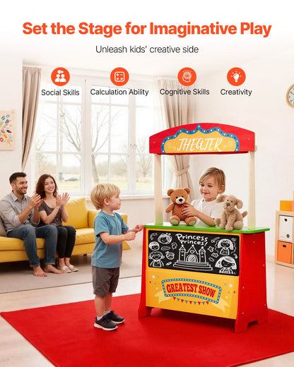 Wooden Puppet Theater with Curtains, 2-in-1 Reversible Play Store, Double-Sided Grocery Store Playset with Chalkboard & Cash Register, Kids Pretend Play Market Stand, Gift for Boys & Girls