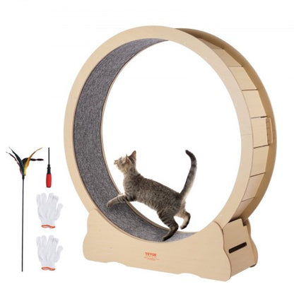 Wooden Cat Exercise Wheel, 52" Large Cat Treadmill Wheel for Indoor Cats, Cat Running Wheel with Detachable Carpet & Cat Teaser for Running/Walking/Training, Suitable for Most Cats
