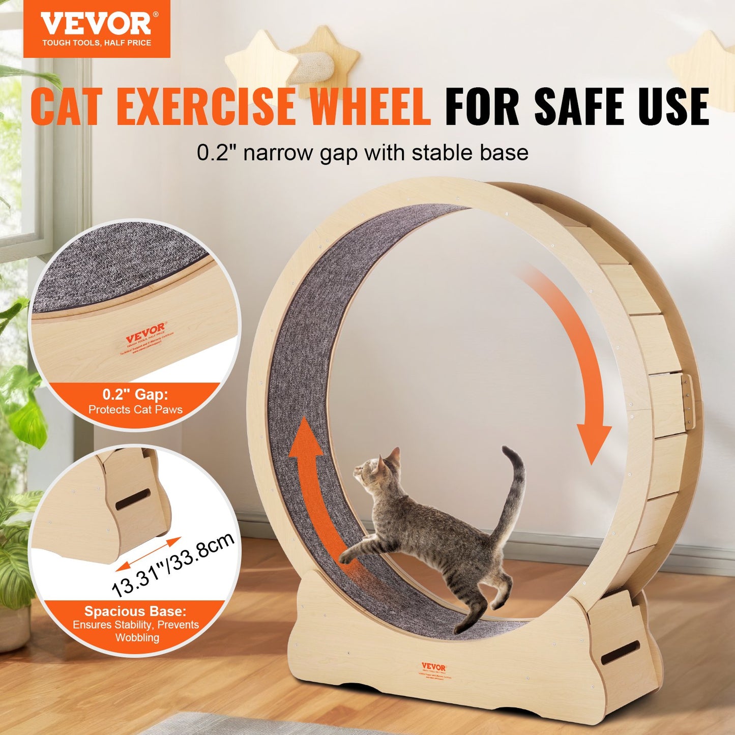 Wooden Cat Exercise Wheel, 52" Large Cat Treadmill Wheel for Indoor Cats, Cat Running Wheel with Detachable Carpet & Cat Teaser for Running/Walking/Training, Suitable for Most Cats
